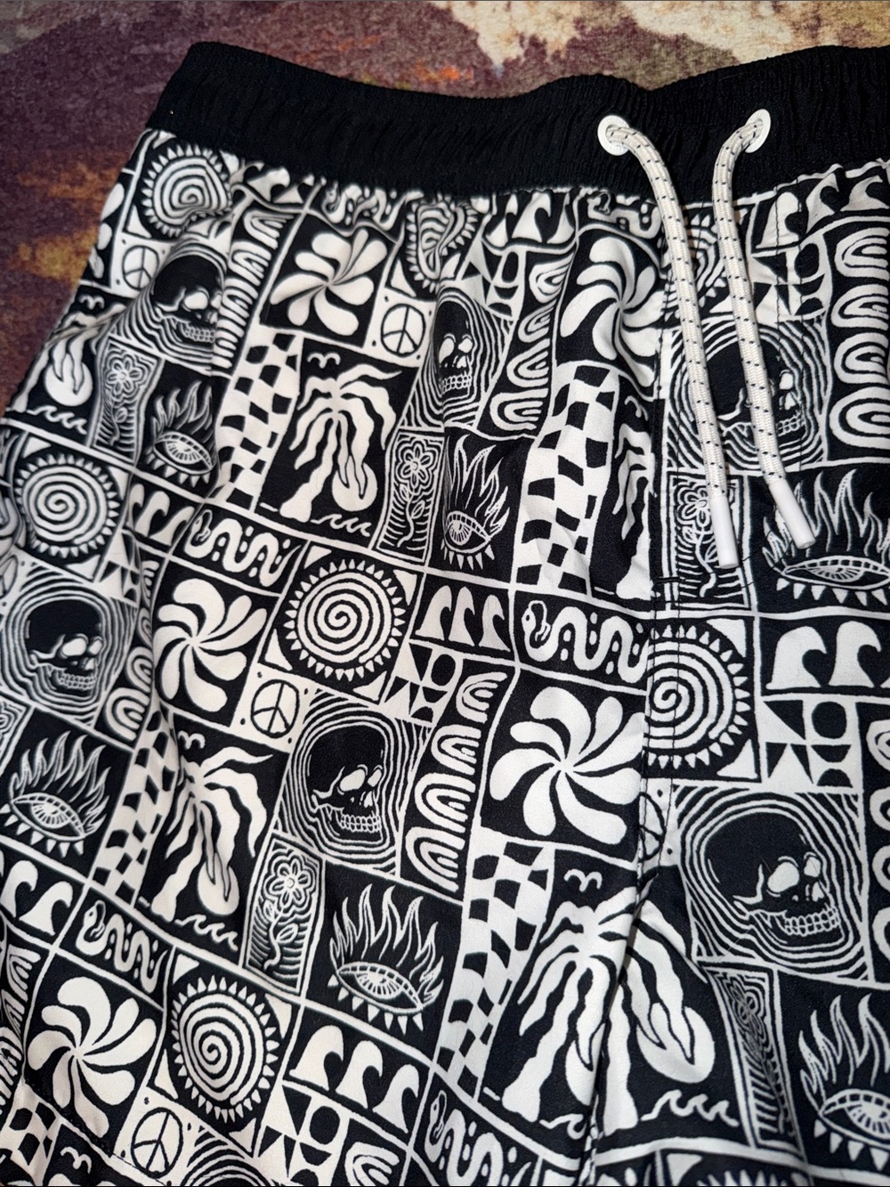 Trippy Black & White Patterned Swim Trunks with Drawstring